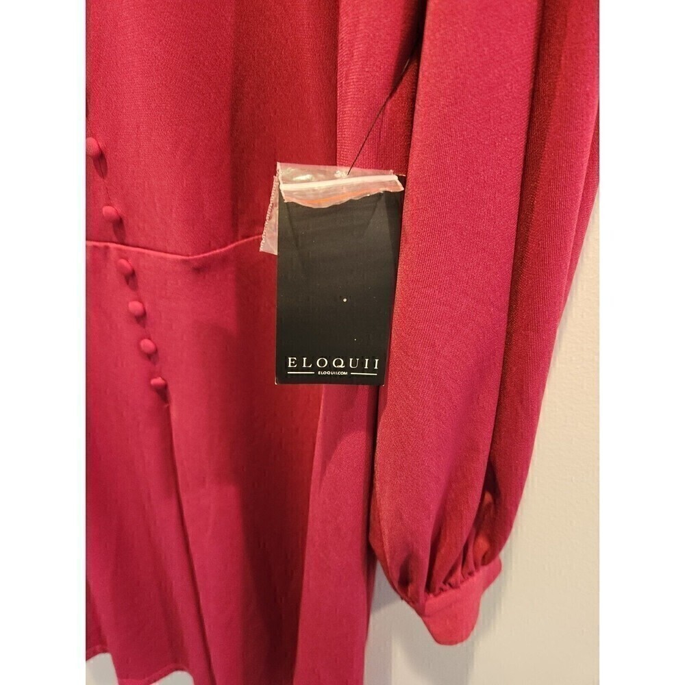 Eloquii Dress Keyhole Cut Out Button Detail Balloon Sleeve Sz 20 Burgandy Nwt - Picture 8 of 10